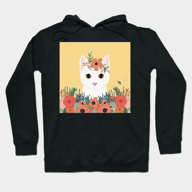 The cute white cat queen is watching you from the flowerbed Hoodie by marina63